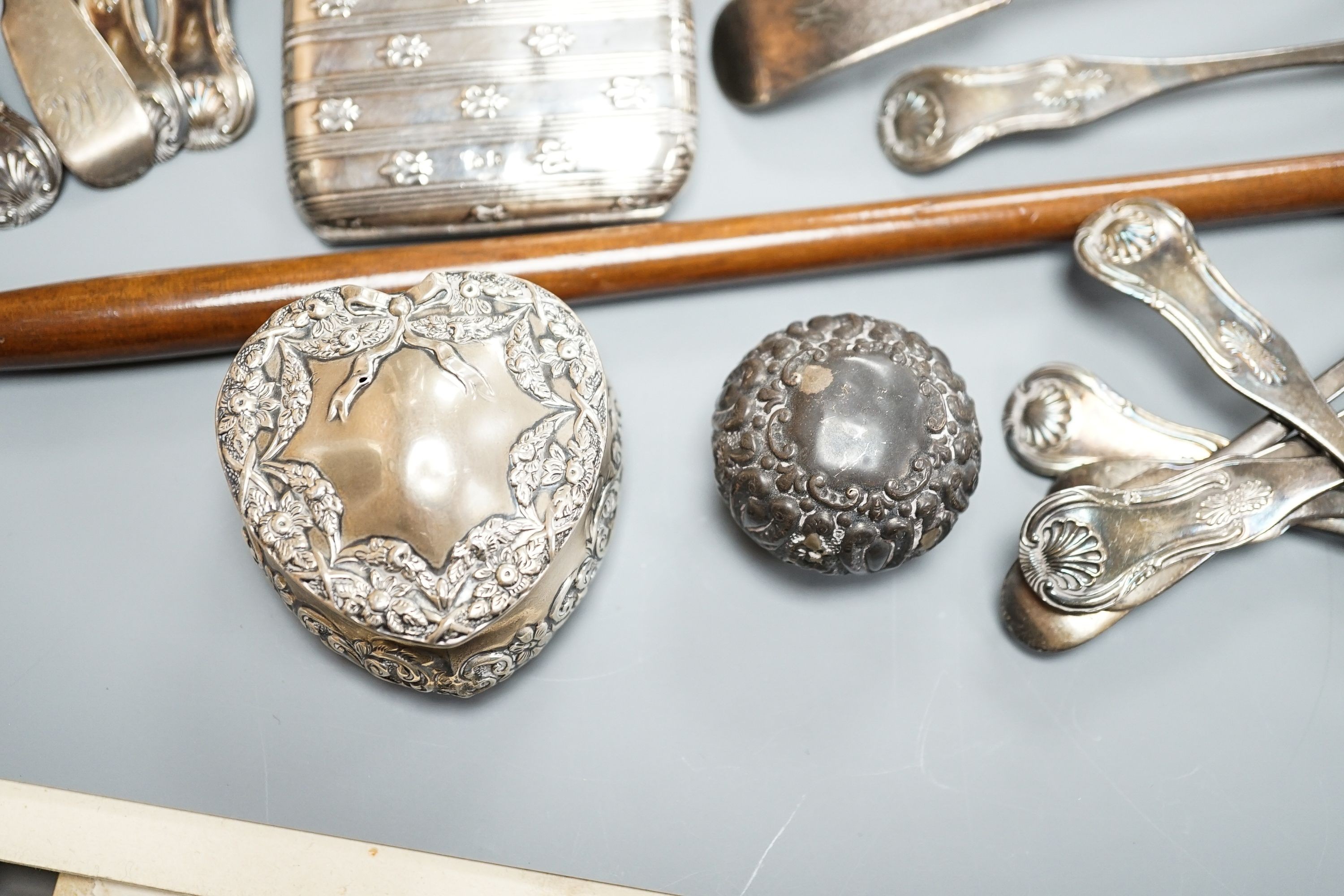 An 18th century silver toddy ladle, with wooden handle(a.f.) and a group of small silver including flatware, napkin ring, scent bottle, repousse box and cover and purse.